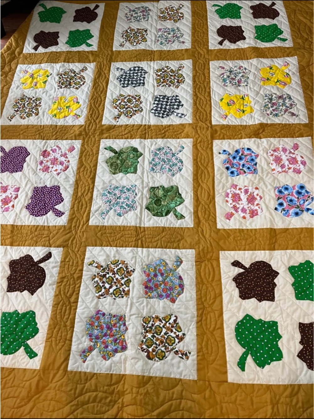 Handmade maple Leaf Patchwork Quilt in Mustard and Multicolor 73” by 96”